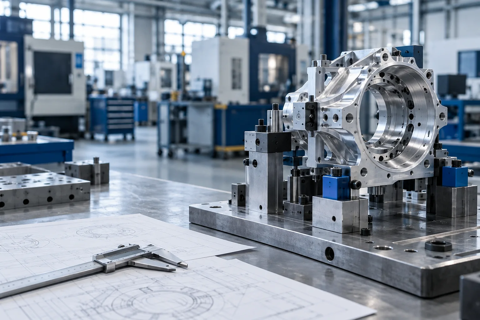 Precision assembly fixture in a manufacturing environment, AI-generated illustration